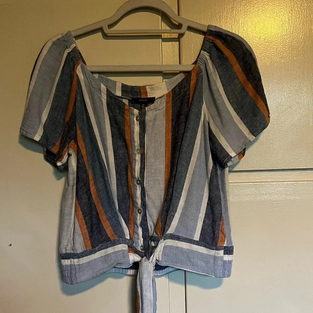 Anthropologie Drew Stripe Linen Blend Cropped Tie‎ Top Size Medium